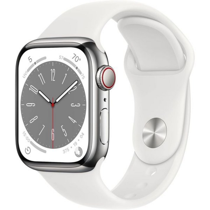 Apple Watch 시리즈 8GPS 셀룰러, 41mm 실버 스테인리스 스틸 케이스화이트 스포츠 밴드 포함, ML리뉴얼 프리미엄