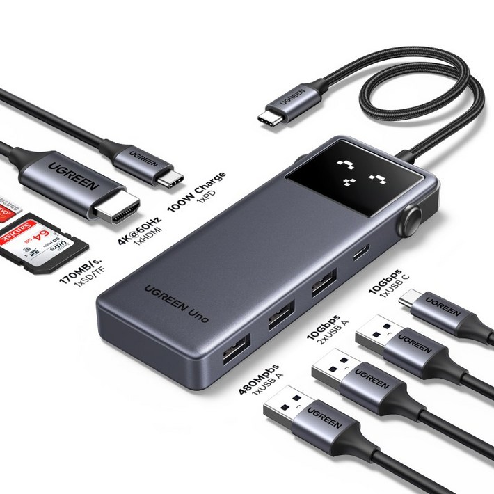 UGREEN 유그린 Uno 8포트 USB3.2 C타입 멀티허브 삼성덱스 맥북 호환 10Gbps HDMI2.0 4K60Hz PD100W sd카드 리더기스마트 상태 이모티콘, 1개, Grey