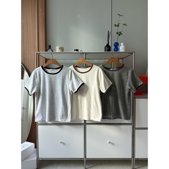 도톰반팔티3color 벨루아라인 배색 라운드넥 링거 플랫 벨벳 도톰 반소매 티셔츠