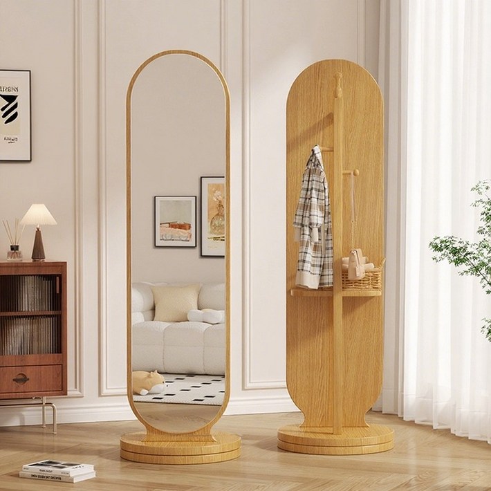 원트두 전신 거울 행거 옷걸이 회전 거울 스탠드 원형 1660mm, 우드색