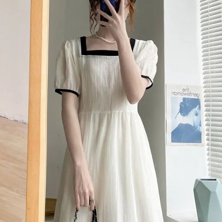 스퀘어넥 셔링 퍼프 반팔 플리츠 롱원피스 드레스 2color