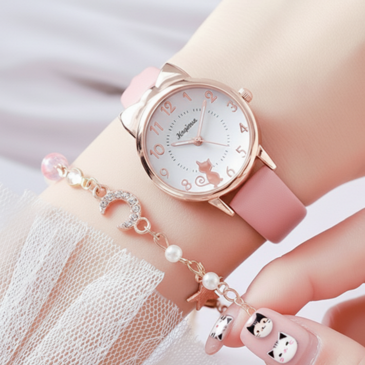 어썸H 패션 손목 시계 고양이 리본 심플 큰 숫자 디자인 여학생 시험