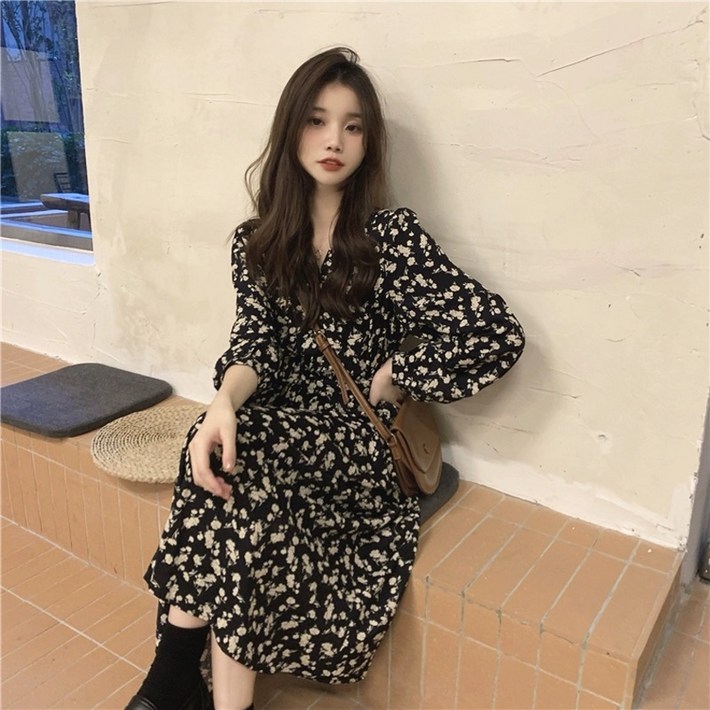 Aec go 여성 플로랄 롱 원피스 긴팔 꽃무늬 원피스
