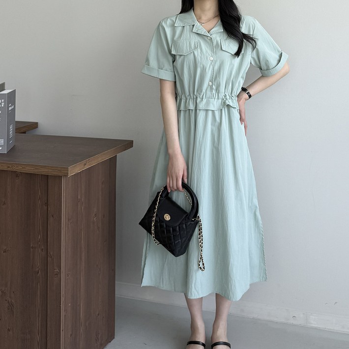 행복여 아르페 플랩 허리 스트링 오픈 카라 플레어 원피스