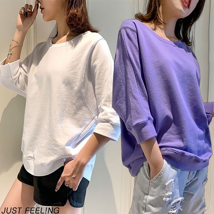 JUSTFEELING 여자 베이직 긴팔 티셔츠 루즈핏 칠부소매 오버핏 긴팔 맨투맨 이너티