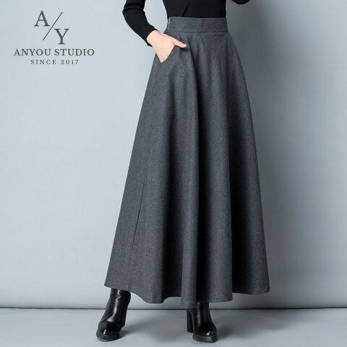 ANYOU 모직 스커트 모직 스커트 추동 치마 롱 스커트 롱 스커트 무지 모직물군 무지 스커트 왕단치마