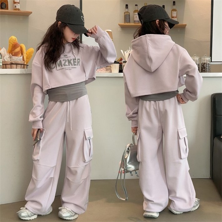 비비키드 여아 봄 가을 신상 초중생 상하복 세트 주니어 크롭 후드 긴팔티 상의하의 민소매 쓰리피스 세트 초등생 주머니 긴바지 세트 77179