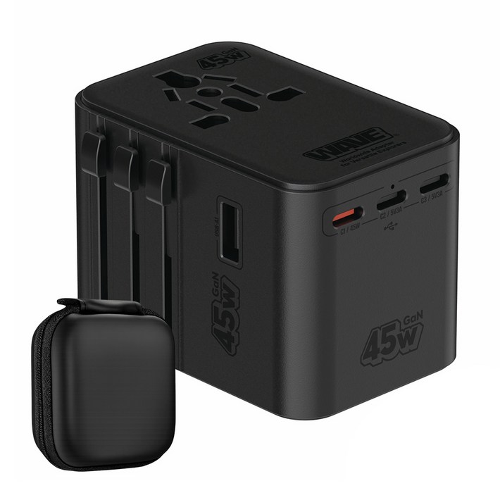 이어맥 2500W 드라이기 사용 가능 고출력 GaN 45W 초고속 충전 해외 여행용 멀티 플러그 어댑터 블랙, 1개