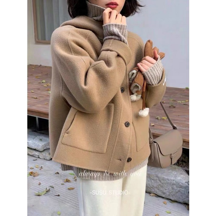 용봉모직 가을 겨울 카멜 코트 여잔키 캐주얼 모직 후드 아우터 패션 양면