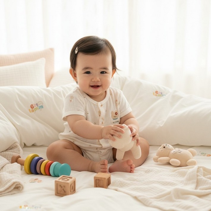 KC인증상품에뜨람 순면 아기 우주복 신생아 반팔 내의 내복 옷 실내복 유아 바디수트 배앓이 방지