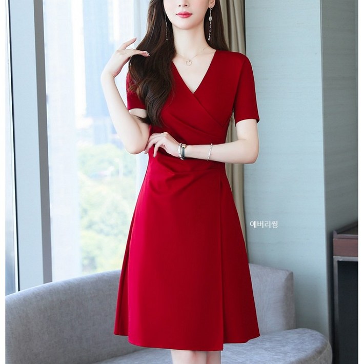 에버리씽 여성 브이넥 슬림핏 쉬폰 베이직 미디 원피스 Q8683