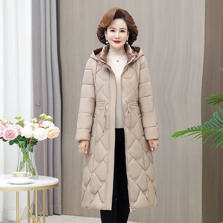 중년 여성 겨울 패딩 엄마용 롱 패딩 점퍼 후드 보온 아우터 중년 여성용 롱코트 패션 JS