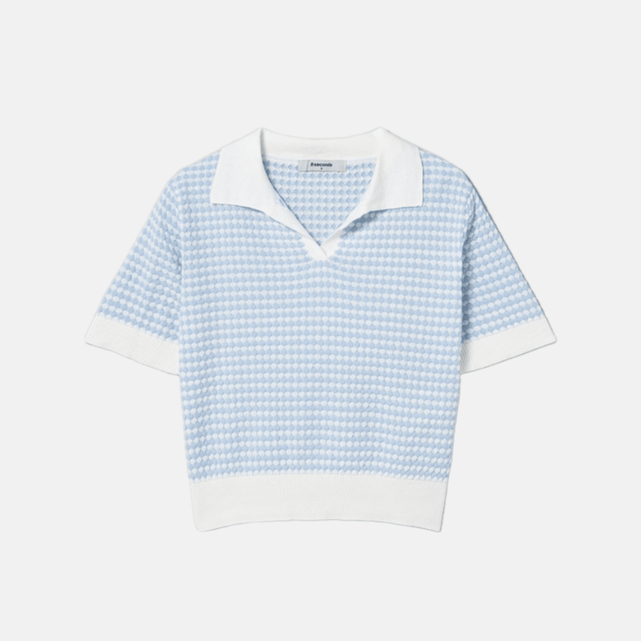 에잇세컨즈 여성 변형 짜임 칼라넥 반소매 풀오버 스카이 블루 323751LY4Q