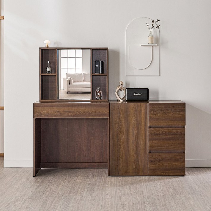 사월의가구 화장대 수납형 콘솔 화장대 세트 거울포함 스퀘어 입식 화장대 1도어 서랍장 세트, 월넛브라운1도어3단서랍장포함