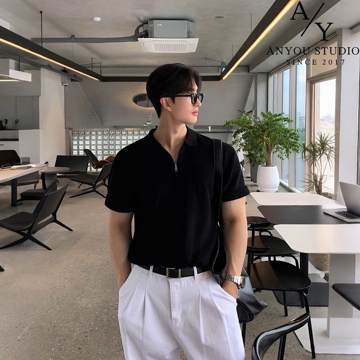 ANYOU 남성 카라넥 티셔츠 여름 패션 집업 반팔 니트 루즈핏 빅사이즈 캐주얼 상의