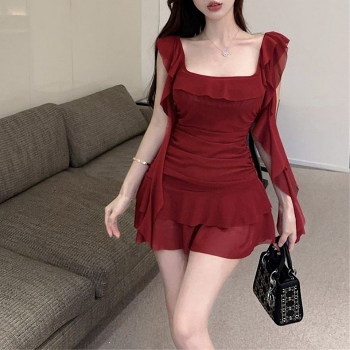아이엠몽 여성 스퀘어 넥 리본 레이스 셔링 미니드레스