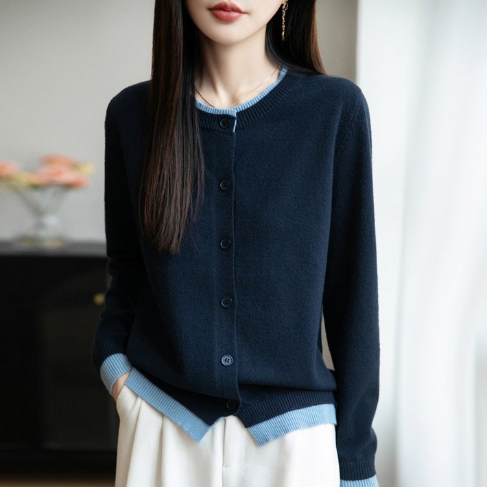 여성 가을겨울 베이직 라운드넥 니트 가디건 레이어드 심플 데일리룩 A2