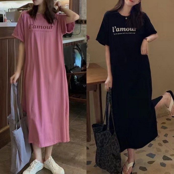 리니픽 여성 데일리 롱 박스원피스 반팔 트임 원피스