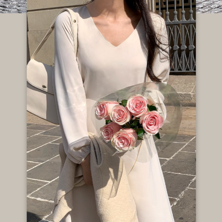 체리블라썸 하객룩 가을 넬르 브이넥 핀턱 롱 원피스
