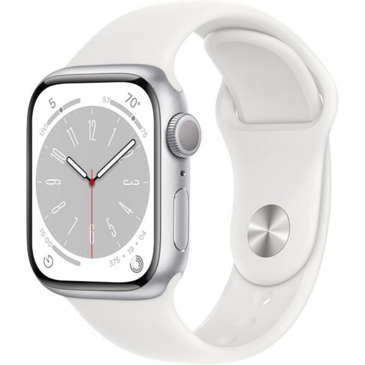 Apple Watch 시리즈 8 GPS, 41mm  흰색 스포츠 밴드가 있는 실버 알루미늄 케이스, ML갱신
