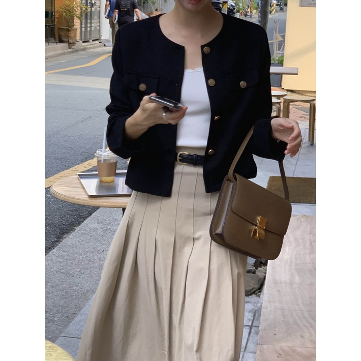 자체제작 루어스룸 젤리 가을 간절기 루즈핏 긴팔 골드버튼 포켓 라운드넥 숏 트위드 하객룩 자켓