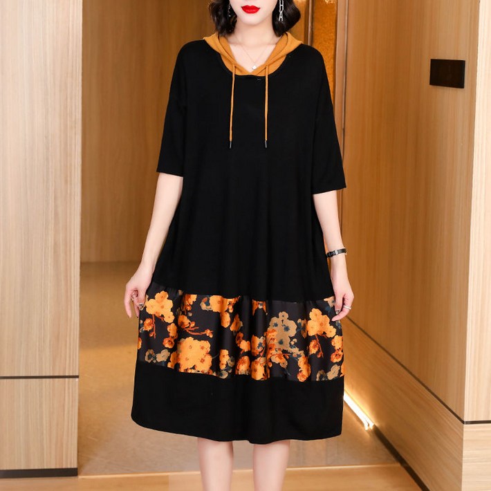 중년 여성 긴팔 원피스 봄 가을 패션 캐주얼 치마 루즈핏 롱 스커트 슬림핏 엄마옷 기질 빈티지 후드 롱 원피스 CY