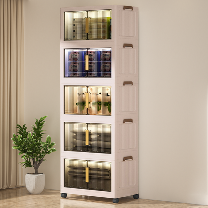 Paradoma 수납장 무설치 접이식 다용도 수납장 양문 이동식 플라스틱 수납장 리빙박스 폴딩 정리함 폴딩박스, 단일 색상