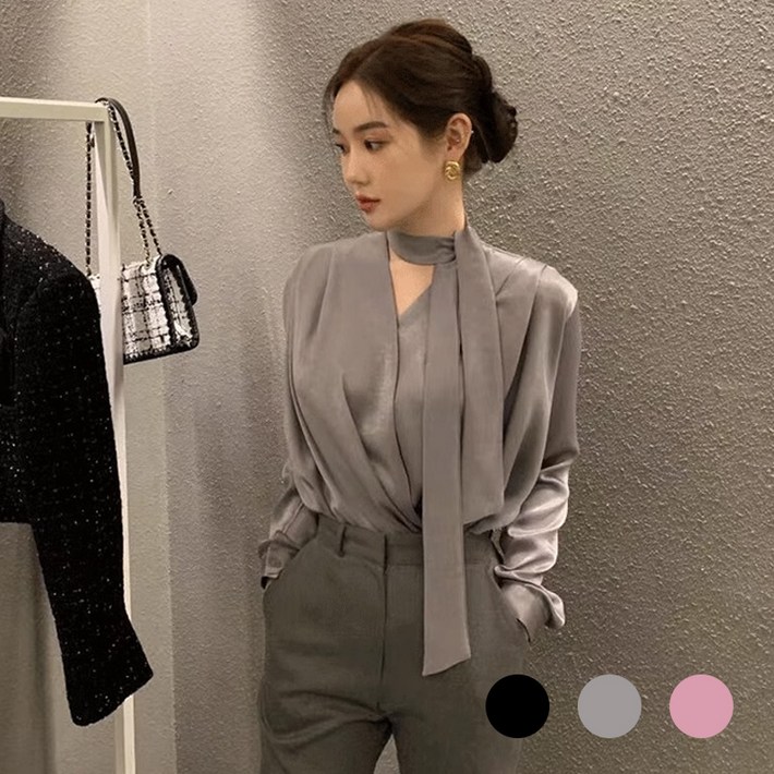 여성 타이 브이넥 블라우스 새틴 남방 오피스룩 빅사이즈 셔츠 링클프리 링클프리 새틴 빅사이즈