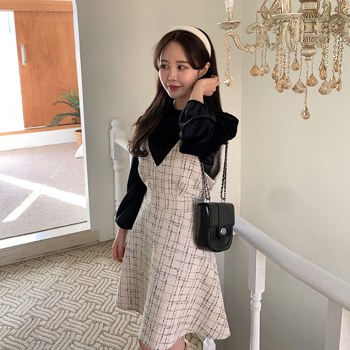 연말룩 베르 트위드 멜빵 뷔스티에 미니 원피스