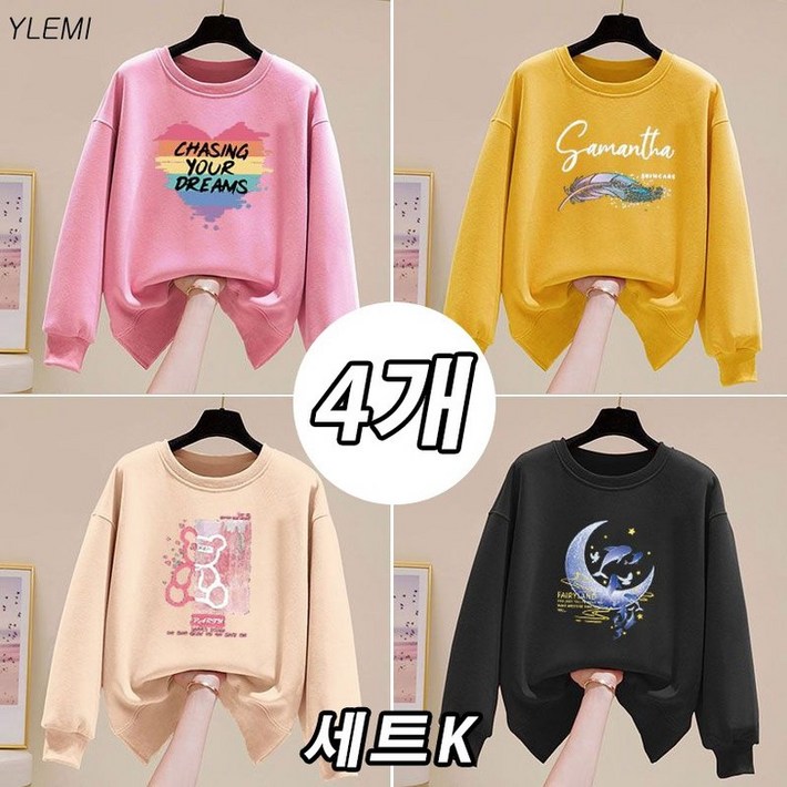 YLEMI 1111 여성 루즈핏 캐릭터 라운드 맨투맨 빅사이즈 티셔츠 긴팔 루즈핏