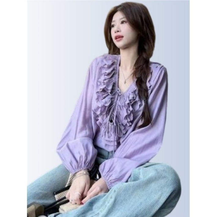 여성 여신룩 벗꽃룩 연보라 퍼플 캉캉 프릴 러플 브이넥 리본 퍼프 블라우스