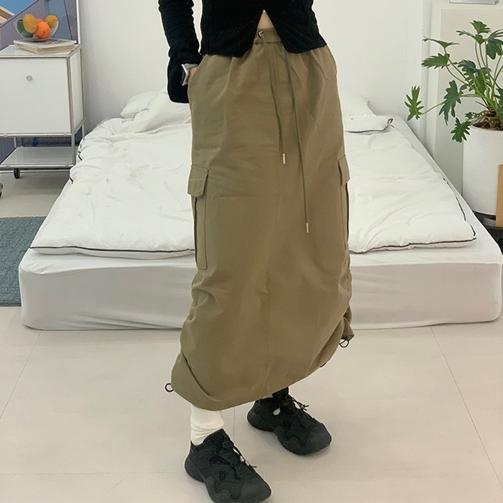 스트링 카고 밴딩 롱스커트 스트링 셔링 코튼 롱치마