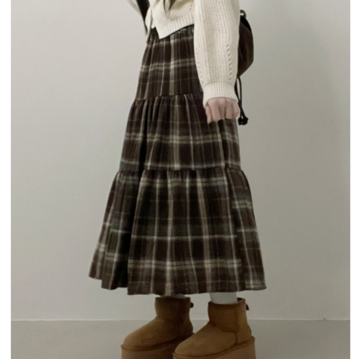MOMOKA 모직체크롱스커트 여성 체크 캉캉 롱스커트 빅사이즈