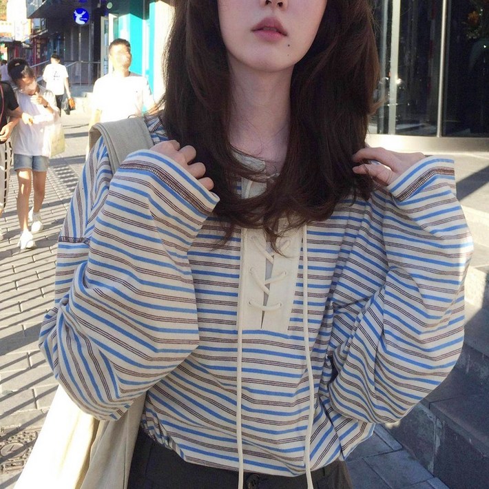 여성 여자 단가라 스트라이프 루즈핏 맨투맨 캐주얼 티셔츠