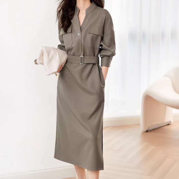 에버리씽 여성 카라넥 슬림핏 밴딩 롱 셔츠 원피스 Q326