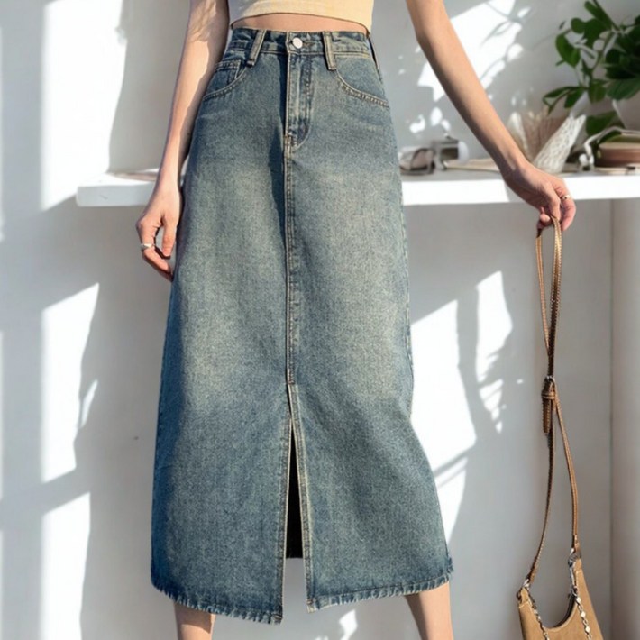 산들라 롱 데님 스커트 앞트임 A라인 슬림핏 청치마