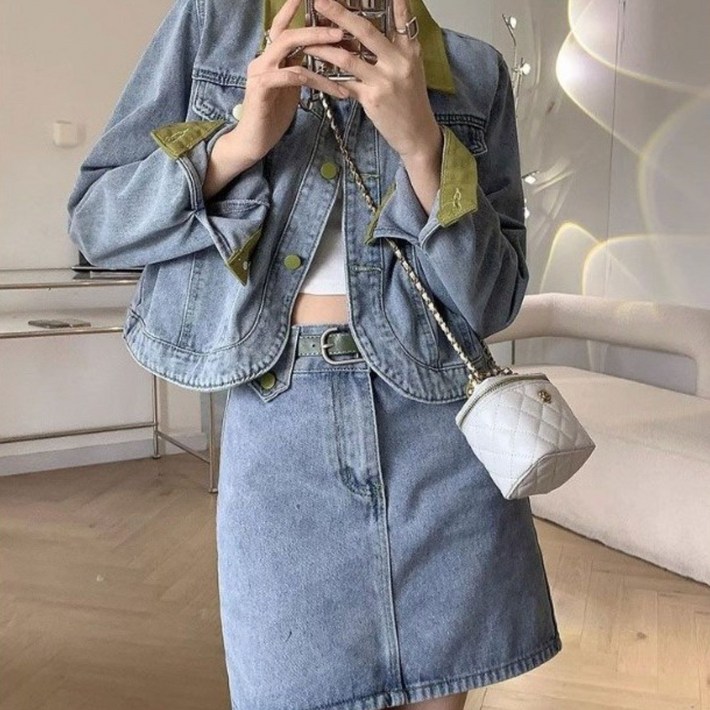 유숀 카라소매배색자켓세트 청데님미니스커트세트 네로미투피스