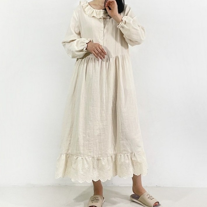 레이스 카라 원피스 드레스 도톰 순면 롱 빅사이즈 루즈핏 로미 자체제작 국내생산