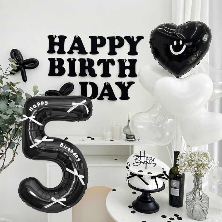 HBD 레터링 하트 파티 풍선 세트, 블랙 5, 1세트 HBD 레터링 하트 파티 풍선 세트, 블랙 5, 1세트