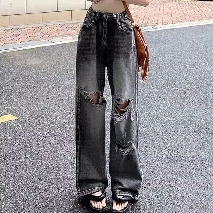 닷이프 여성용 빈티지 스트릿 와이드핏 데님 팬츠