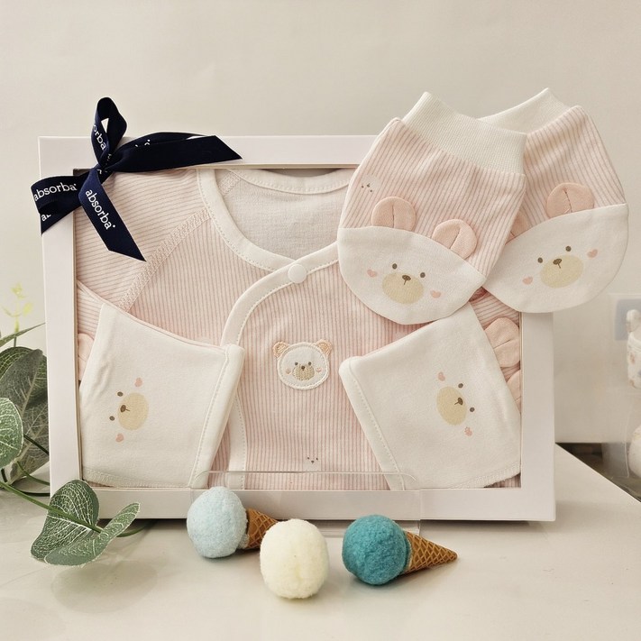백화점 정품 압소바 신생아 순면 사계절 배냇 슈트 60수 저고리 손싸개 출산세트 2종