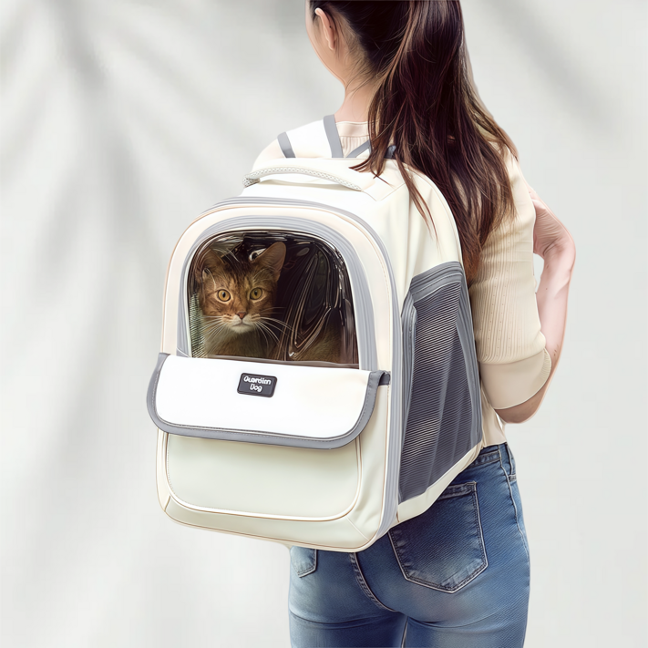 강아지 백팩 고양이 이동장 3면 통풍 투명창 려동물 프론트백 강아지와 고양이에게, 1개, 오프 화이트