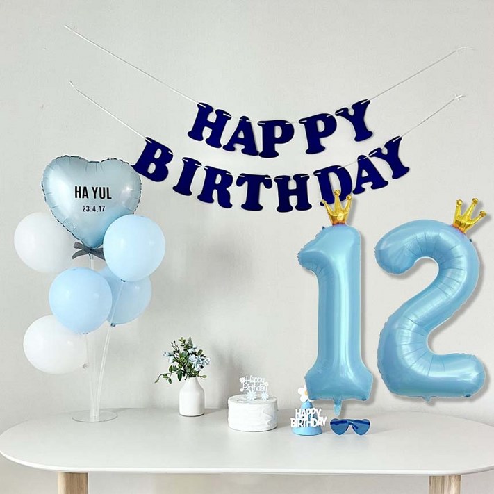 연지마켓 생일가랜드 생일 파티 용품 세트 숫자 하트 풍선 자유레터링, 1세트, 블루