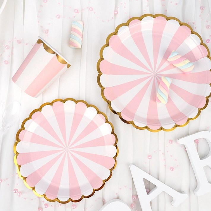 파티팡 파티접시 23cm 10p  파티접시 18cm 10p  파티컵 10p 생일 테이블패키지 10인세트, 스트라이프 핑크