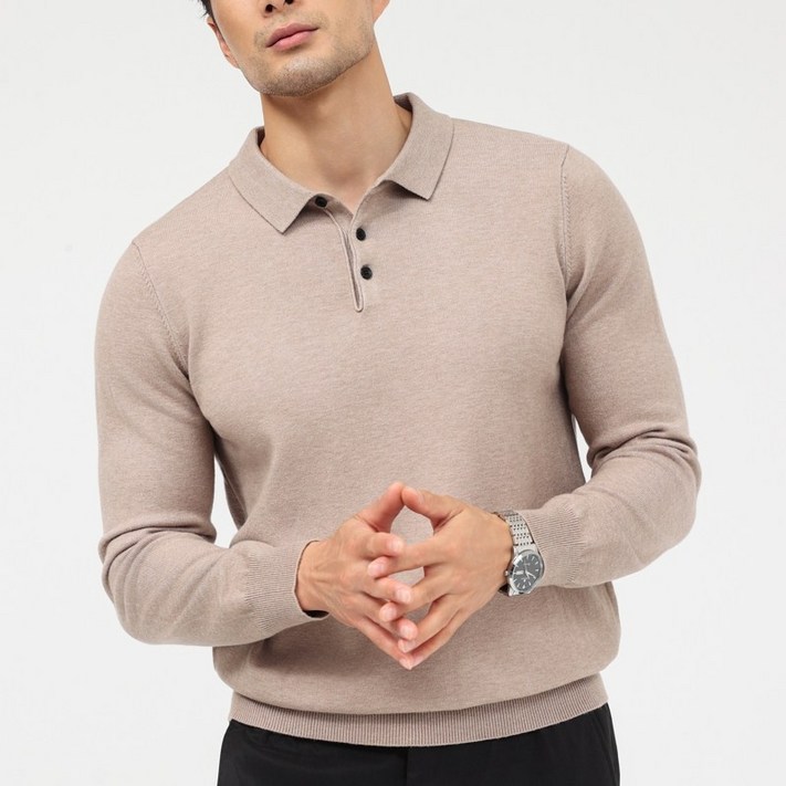 글리멜로 남자 부드러운 캐시미어 울 카라 니트 긴팔 티셔츠