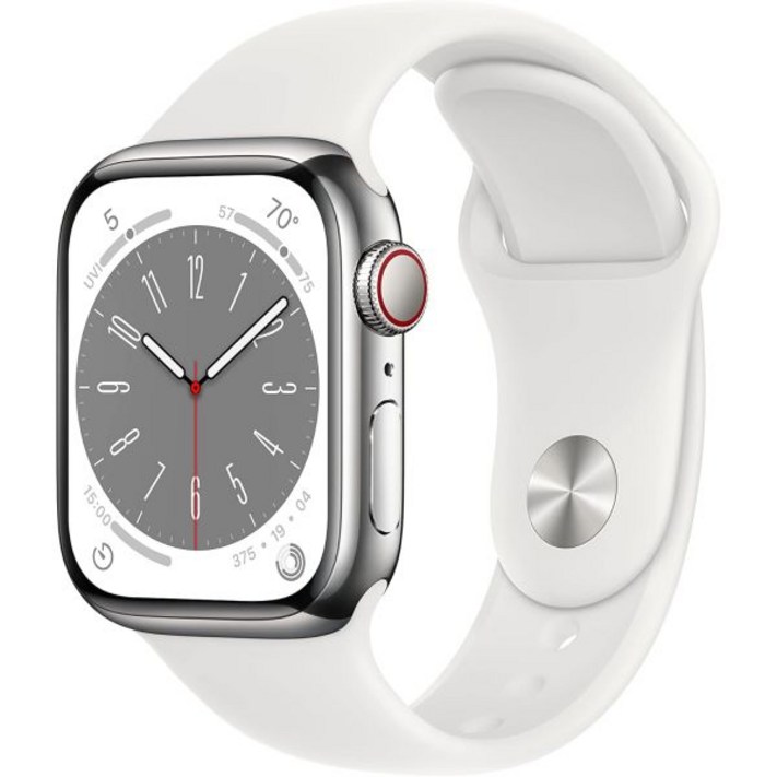 Apple Watch 시리즈 8GPS  셀룰러, 41mm  흰색 스포츠 밴드 ML이 포함된 실버 스테인리스 스틸 케이스갱신