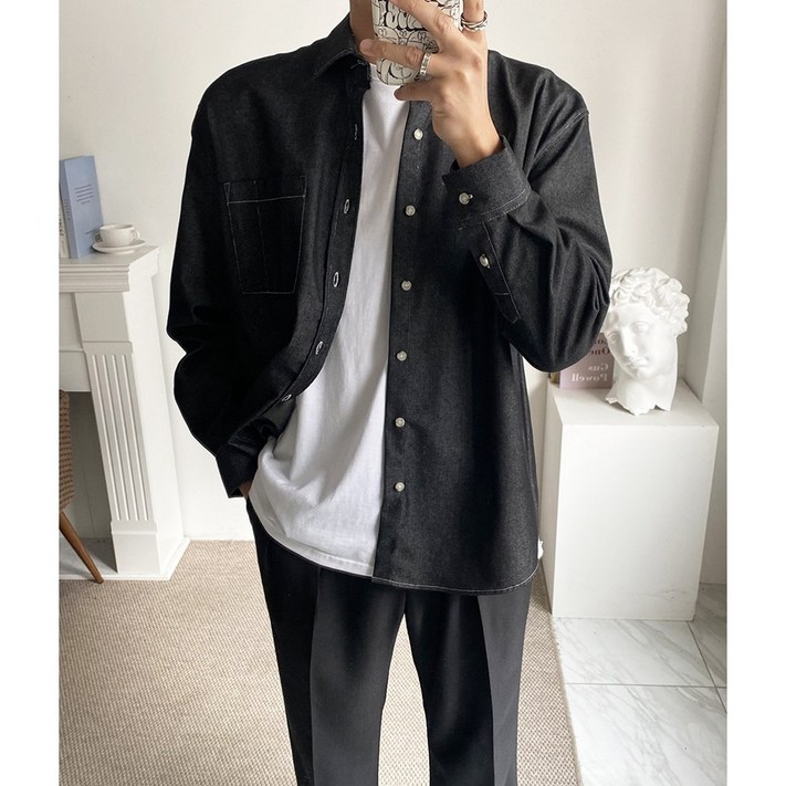 구스마켓 남성용 스티치 데님 오버핏 남방 2컬러