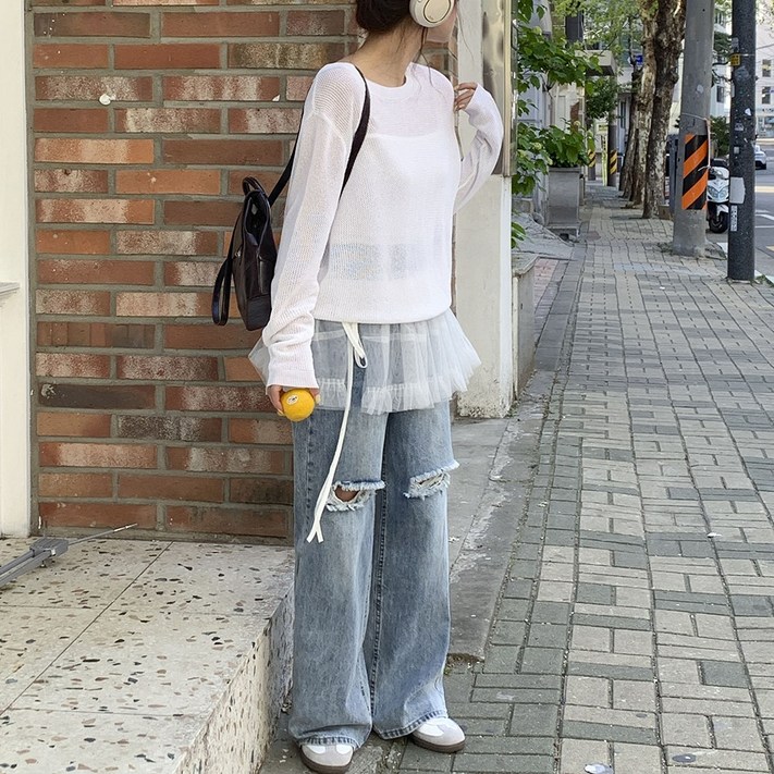 앤샵 여성용 몽마르뜨 빈티지 워싱 와이드 찢청 데님 팬츠 데미지 청바지