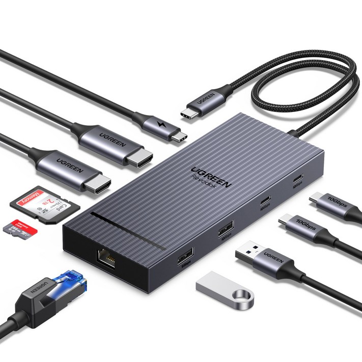 UGREEN 유그린 Revodok Pro 10포트 USB3.2 C타입 멀티허브 삼성덱스 맥북 호환듀얼 모니터 확장4K60Hz10Gbps기가비트SD카드 리더기PD100W, 1개, Grey, CM886