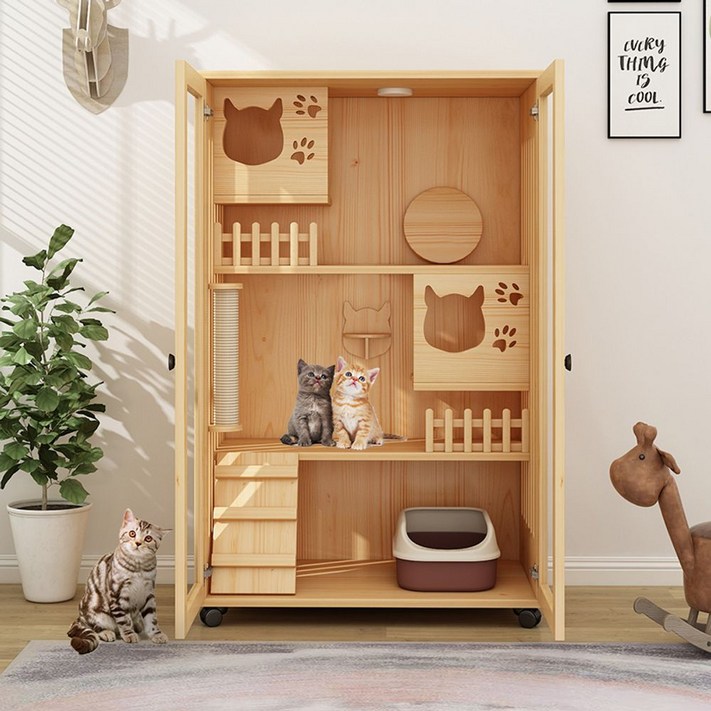 초대형 원목 고양이 빌라 케이지 라지 가정용 하우스 럭셔리 자유 공간 3층캣타워 고양이캣타워